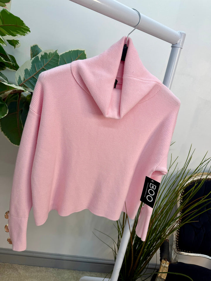 Ladies Fashion Cropped Roll Neck Jumper - black, white, blue & pink