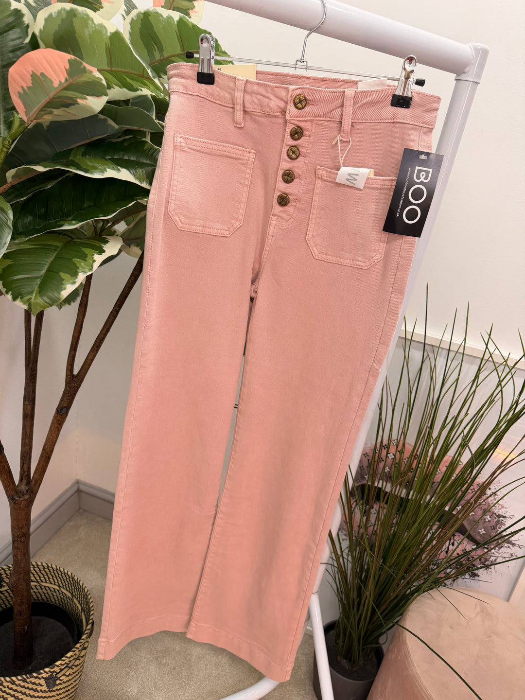 Ladies Fashion Pink Wide Leg Button Fly Jeans