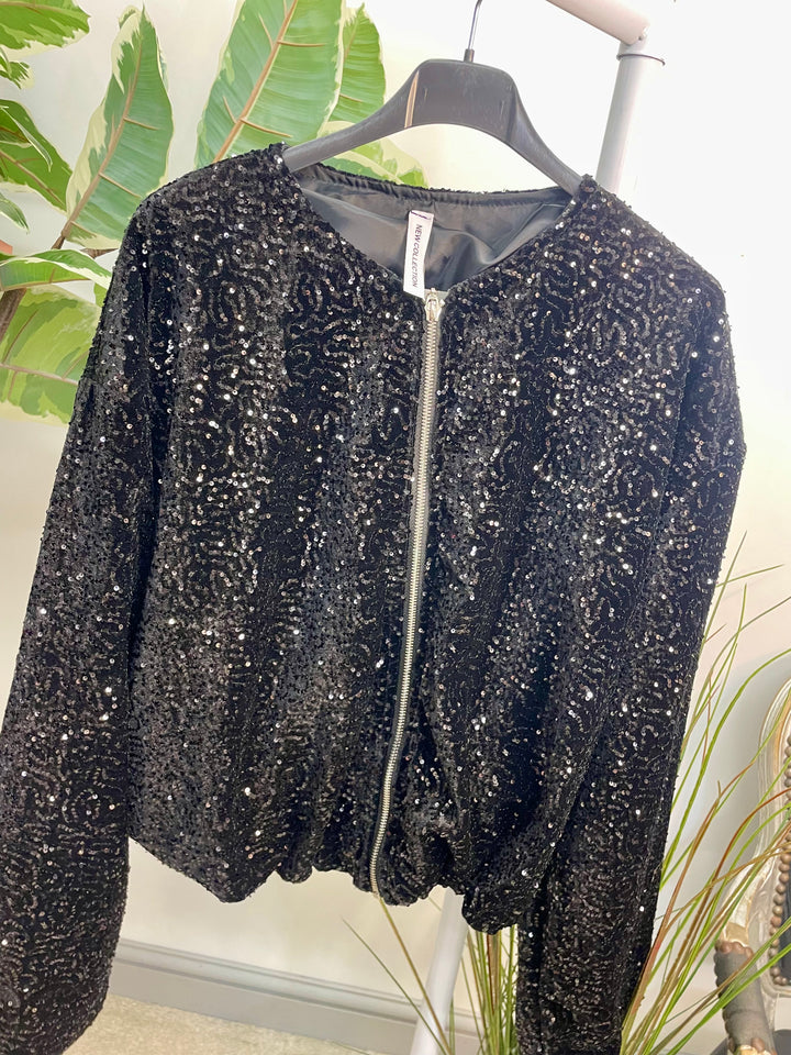 LADIES SEQUIN BOMBER JACKET - BLACK, SILVER, BERRY, BROWN