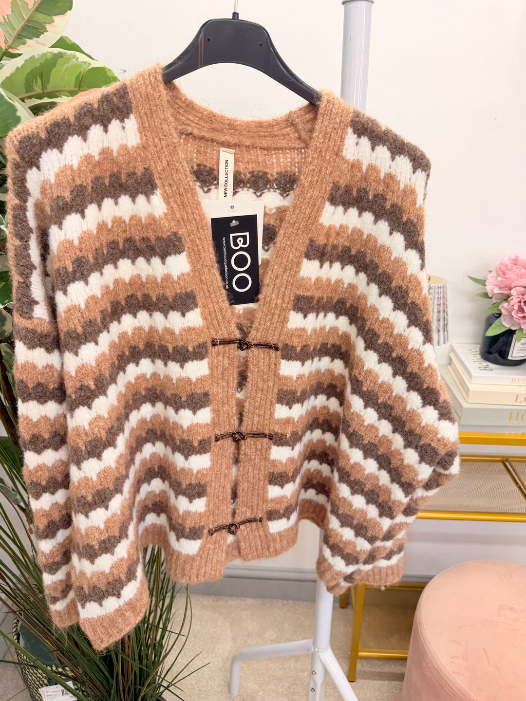 Ladies Fashion Knitted Stripe Cardigan - Beige & Mocha