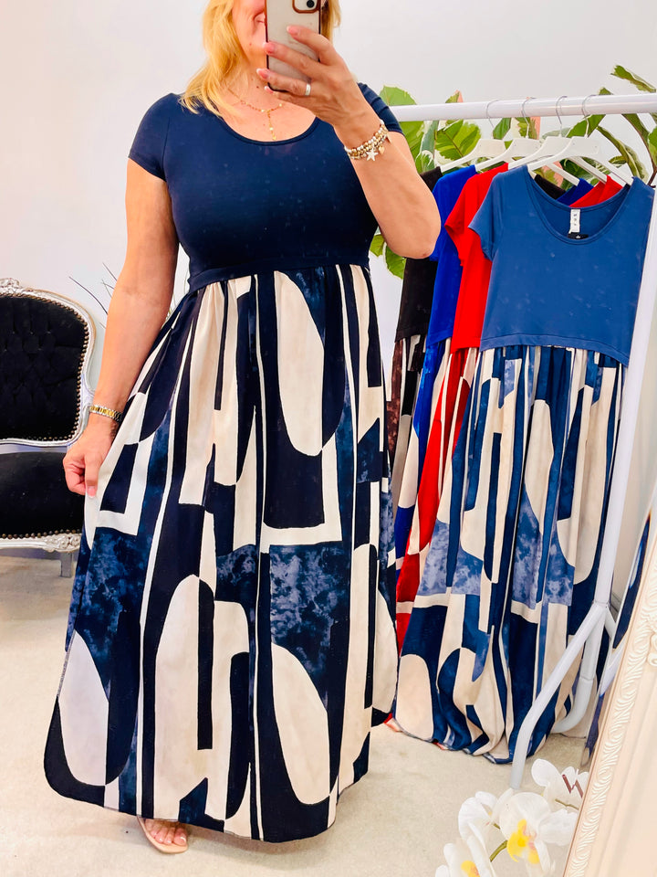 LADIES ABSTRACT PRINT T SHIRT DRESS - BLUE, NAVY, DENIM, RED & BROWN