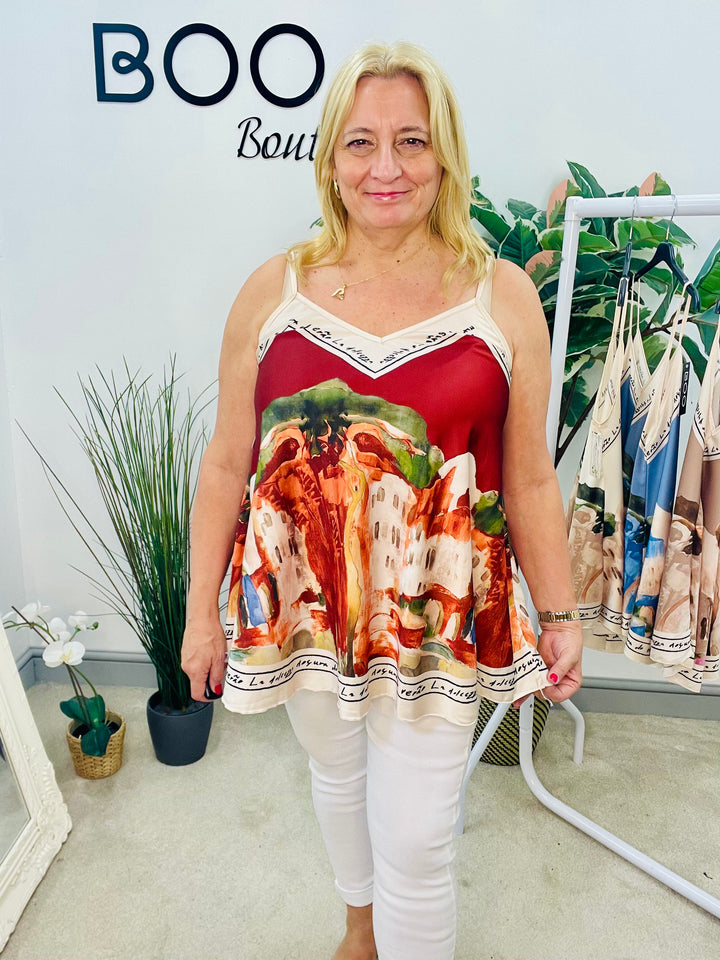 LADIES POSTCARD PRINT SATIN CAMI TOP - BURGUNDY, CREAM, TAUPE & BLUE