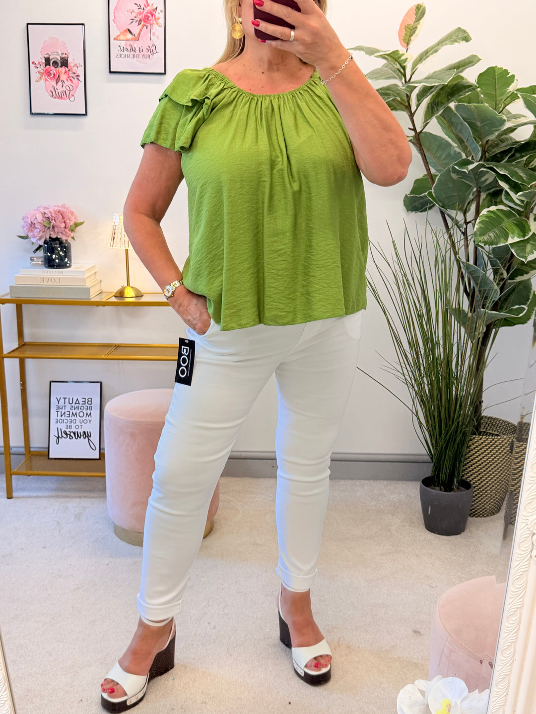 Ladies Short Sleeve Bardot Top - Lime, Black, White, Khaki, Brown, Mocha