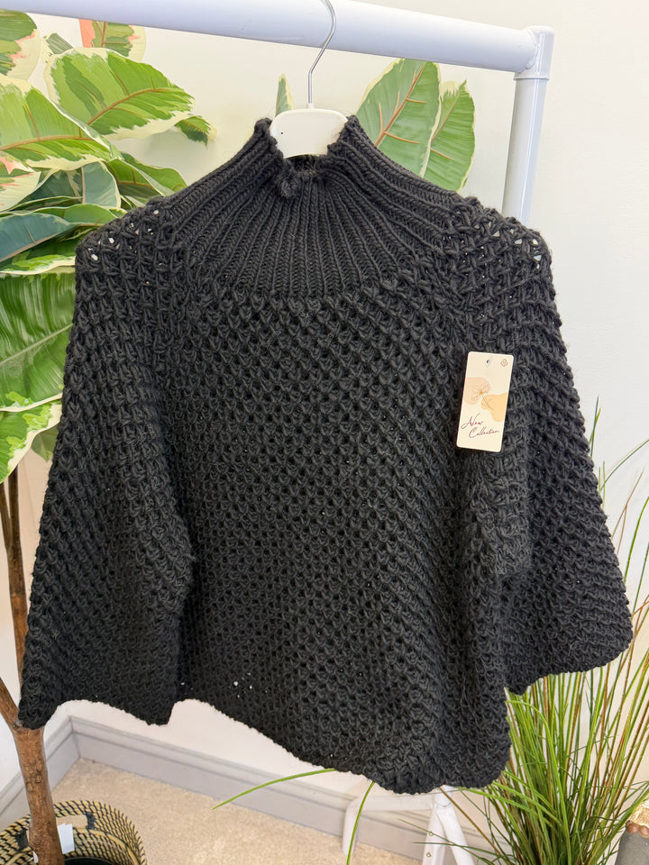 LADIES CHUNKY WAFFLE KNIT JUMPER - LEMON, BEIGE, BLACK, MOCHA & GREY