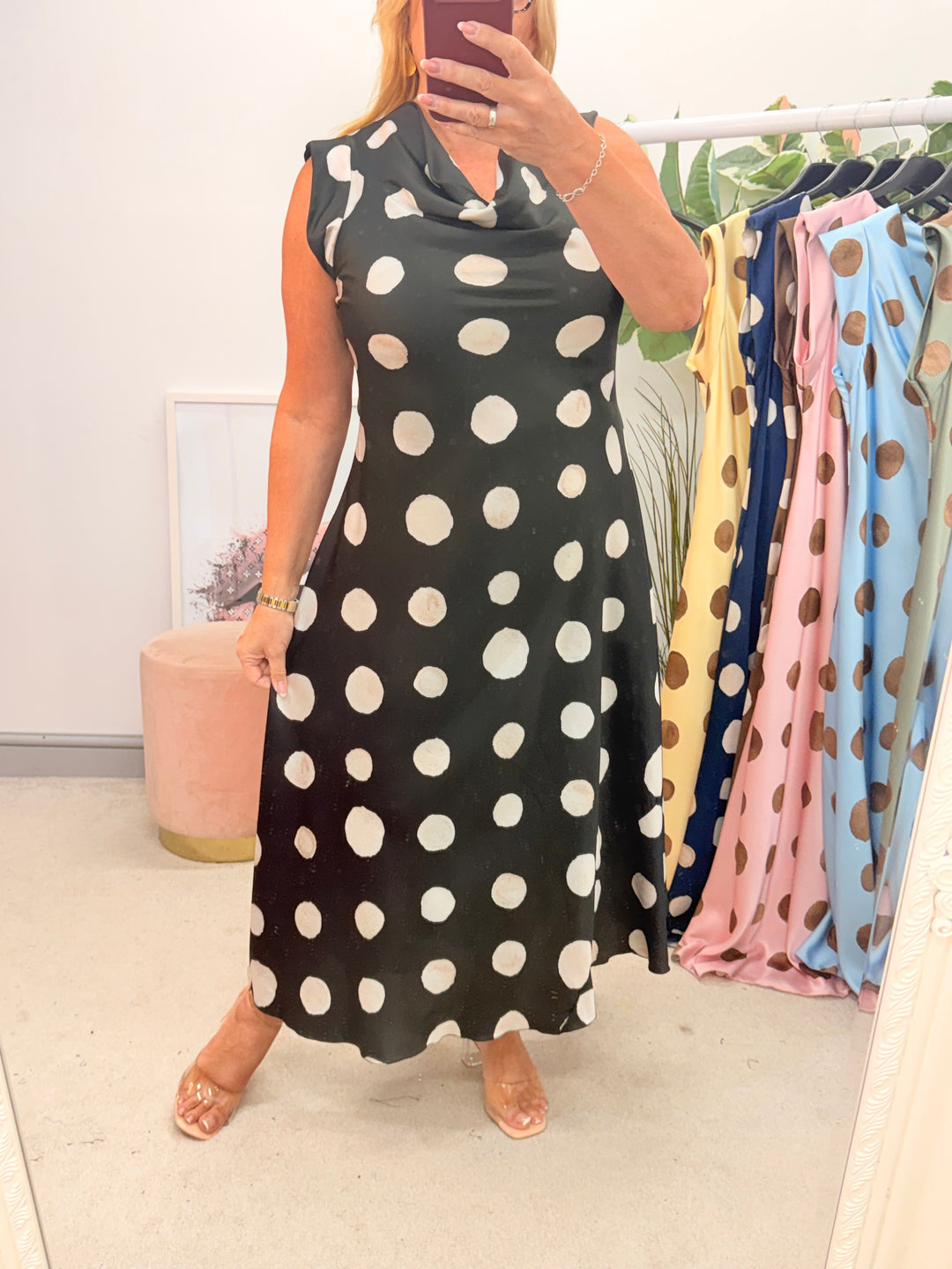 Ladies Satin Polka Dot Sheath Dress - Lemon, Black, Pink, Khaki, Navy, Black & Blue
