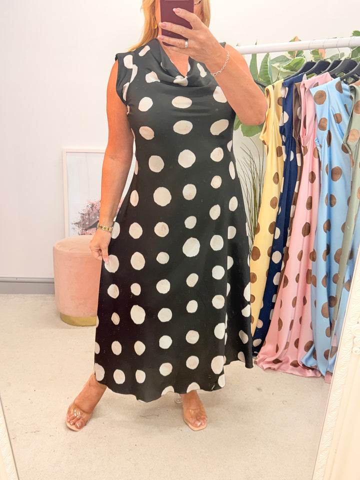 Ladies Satin Polka Dot Sheath Dress - Lemon, Black, Pink, Khaki, Navy, Black & Blue
