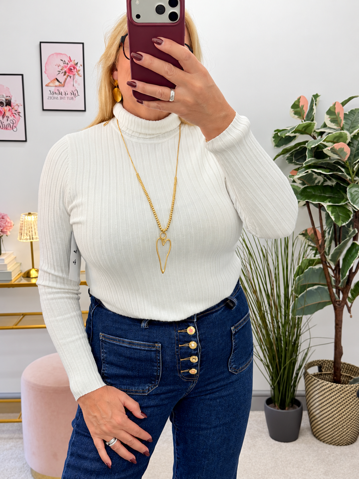Women’s ribbed knit roll neck jumper white