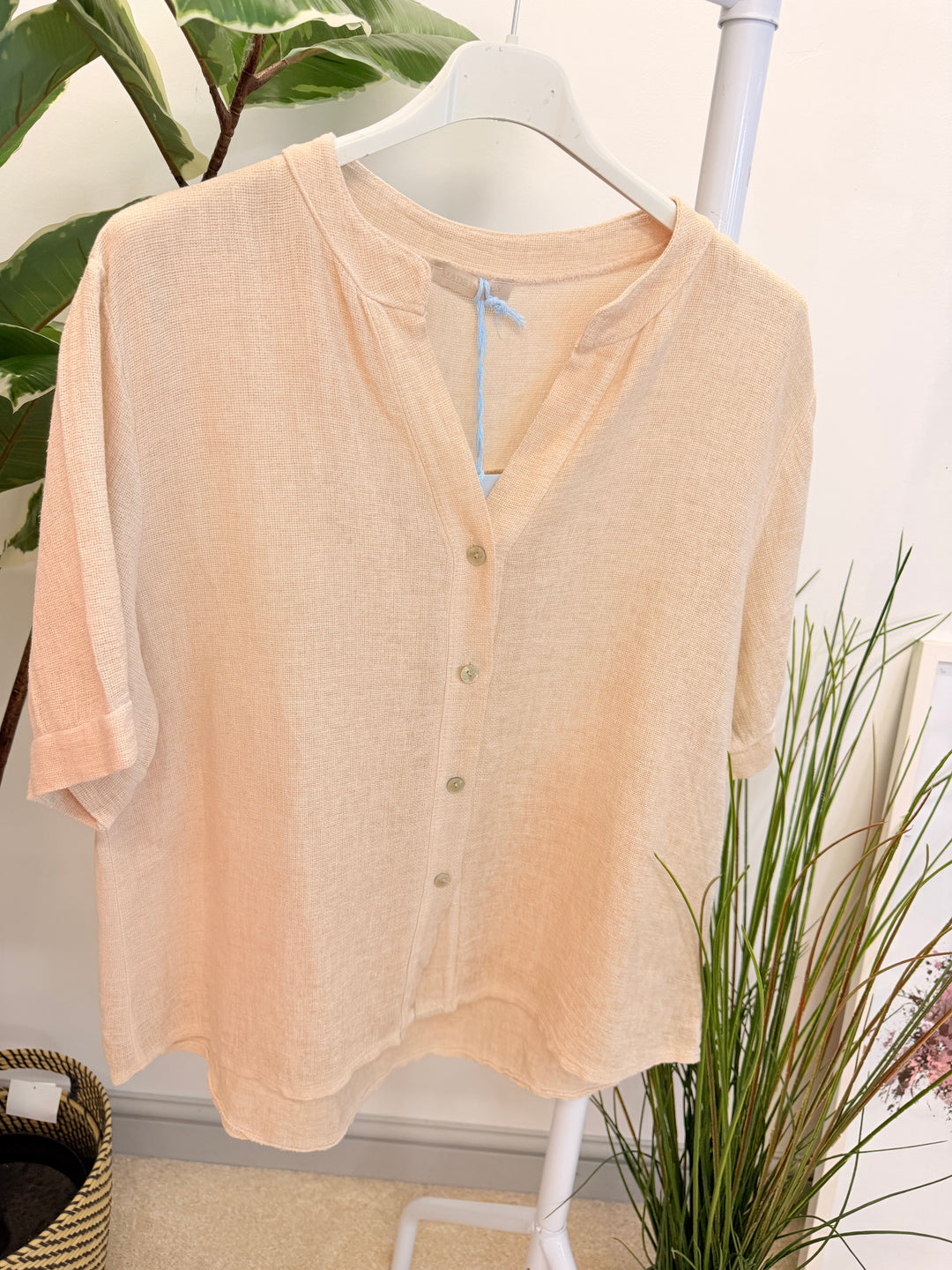 Ladies Fashion Tea Bag Linen Button Up Shirt Top beige