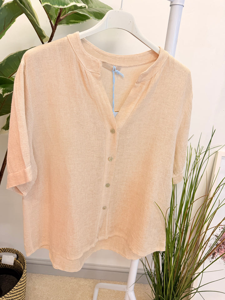 Ladies Fashion Tea Bag Linen Button Up Shirt Top beige