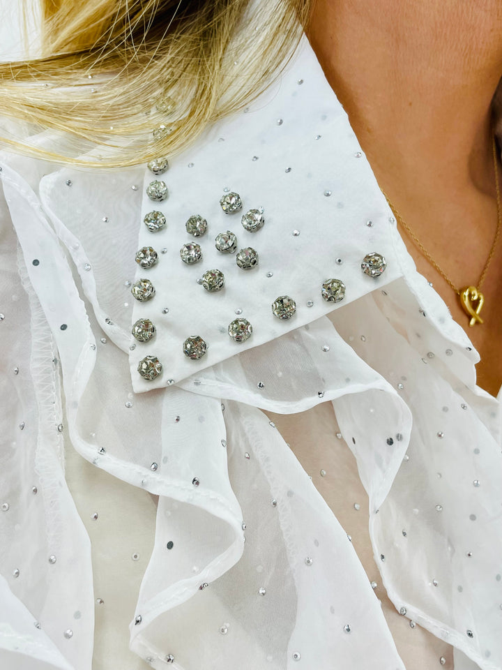 LADIES WOMENS SHEER DIAMANTE JEWELLED BLOUSE SHIRT - BLACK & WHITE