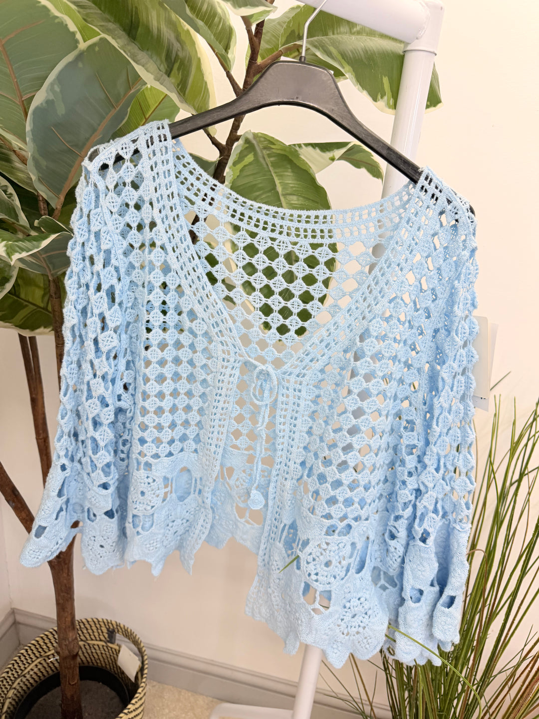 Ladies Fashion Crochet Bolero Cardigan pale blue