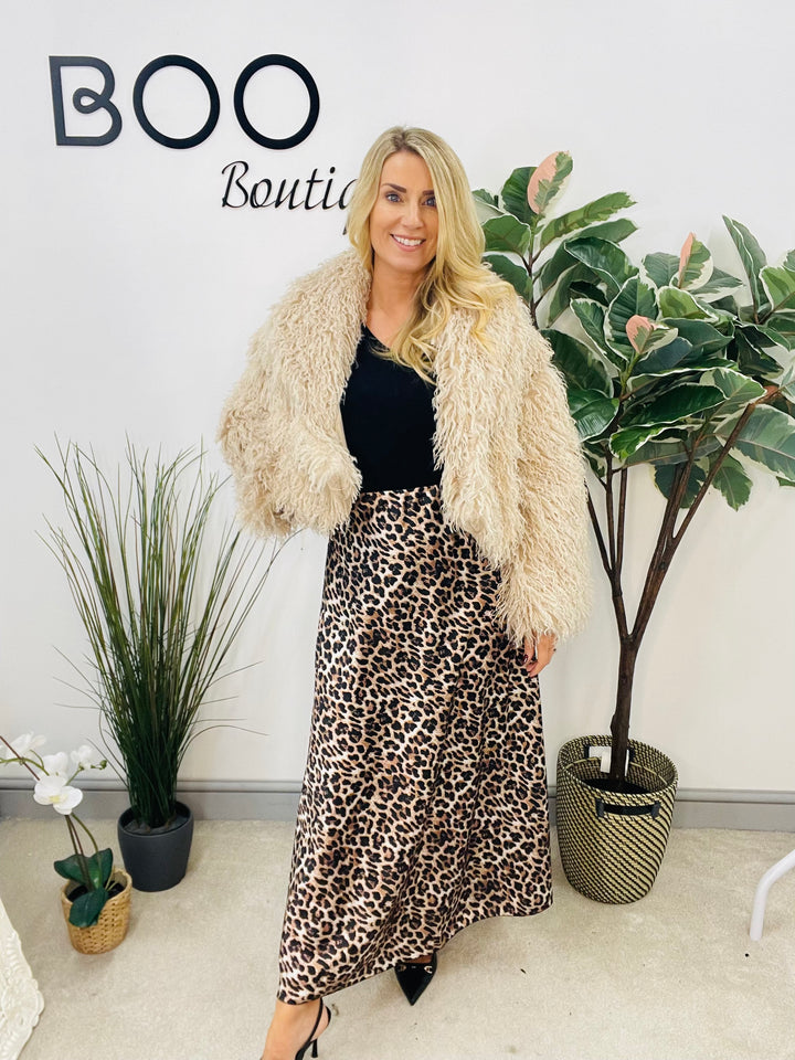 LADIES LEOPARD PRINT SATIN MAXI SKIRT