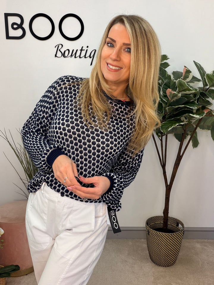 Ladies Fashion Jumper - navy, beige & khaki