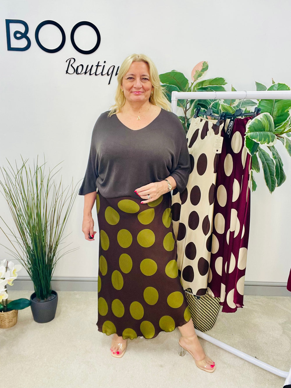 LADIES POLKA DOT SATIN MAXI SKIRT - CHOCOLATE BROWN, BURGUNDY & BEIGE