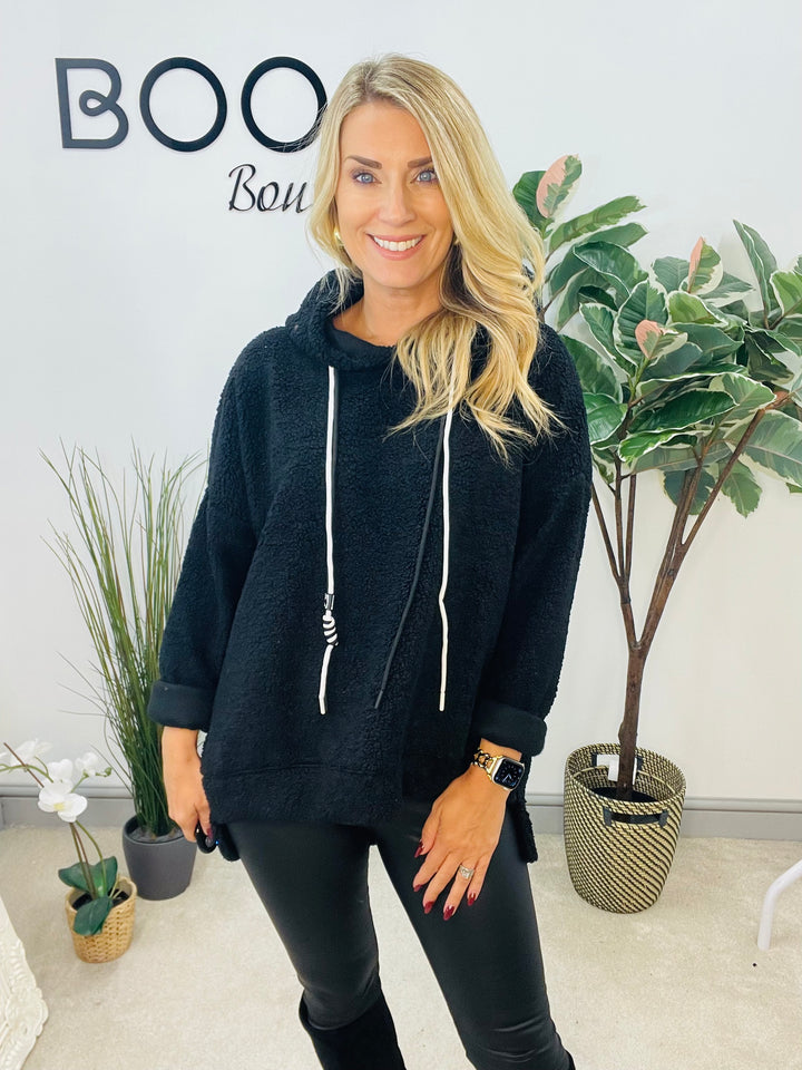 LADIES BOUCLE HOODIE TOP - BLACK, WHITE, CAMEL & BROWN