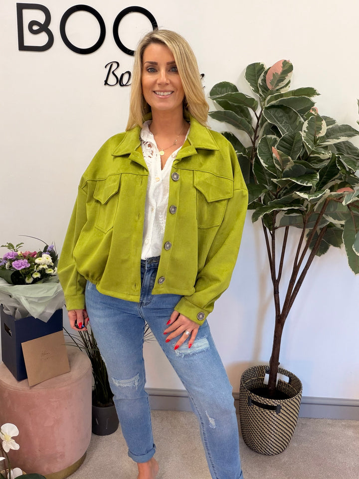 Ladies Fashion Faux Suede Bomber Jacket - camel, brown & lime