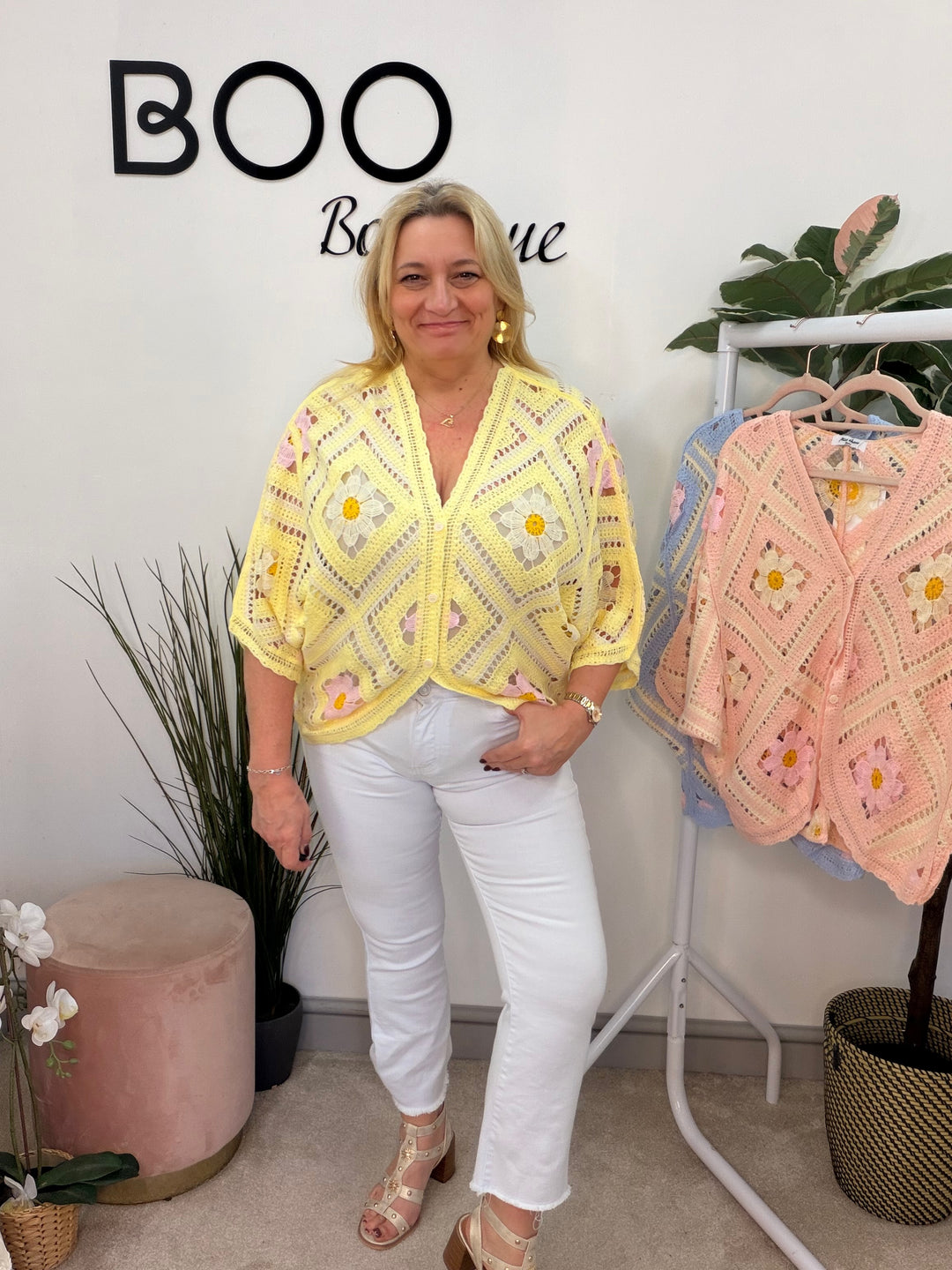 Ladies Fashion Crochet Shrug Cardigan - lemon, blue & pink
