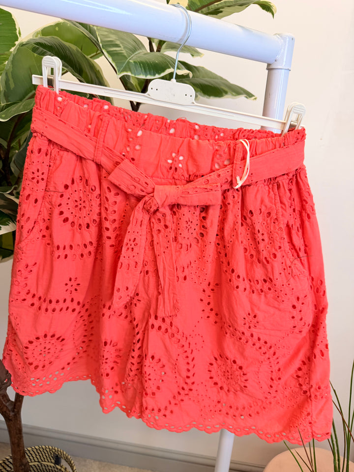 Ladies Broderie Anglaise Cotton Shorts - Brown, White, Coral, Khaki, Black & Beige