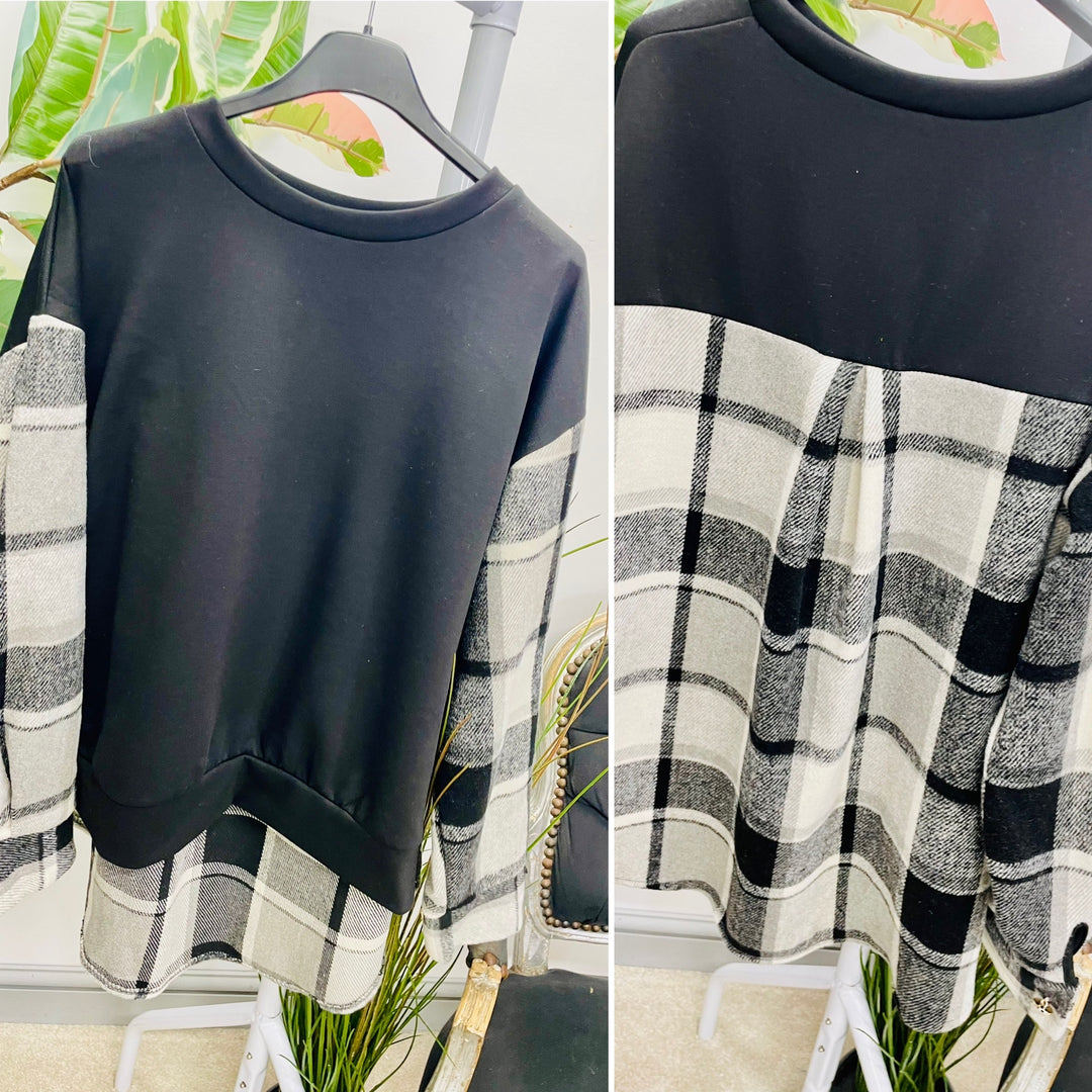 LADIES CHECK SWEATSHIRT TOP - BLACK & MOCHA