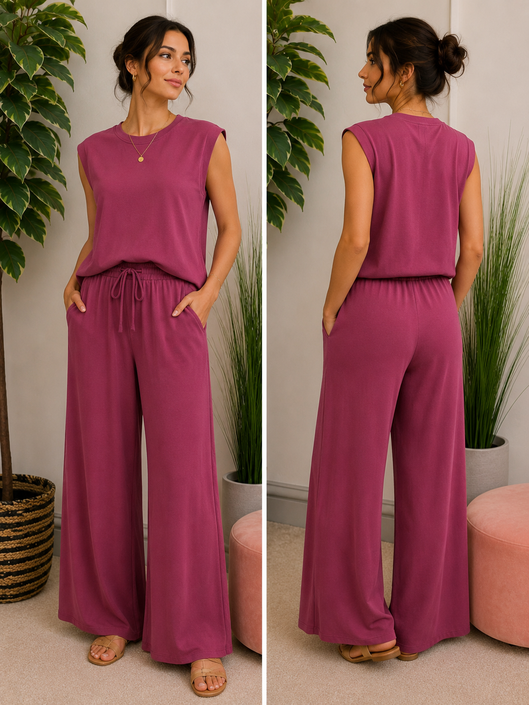 Ladies Stretch Non Crease Wide Leg Trouser Co Ord - Black, Beige, Khaki, Wine, Denim, White