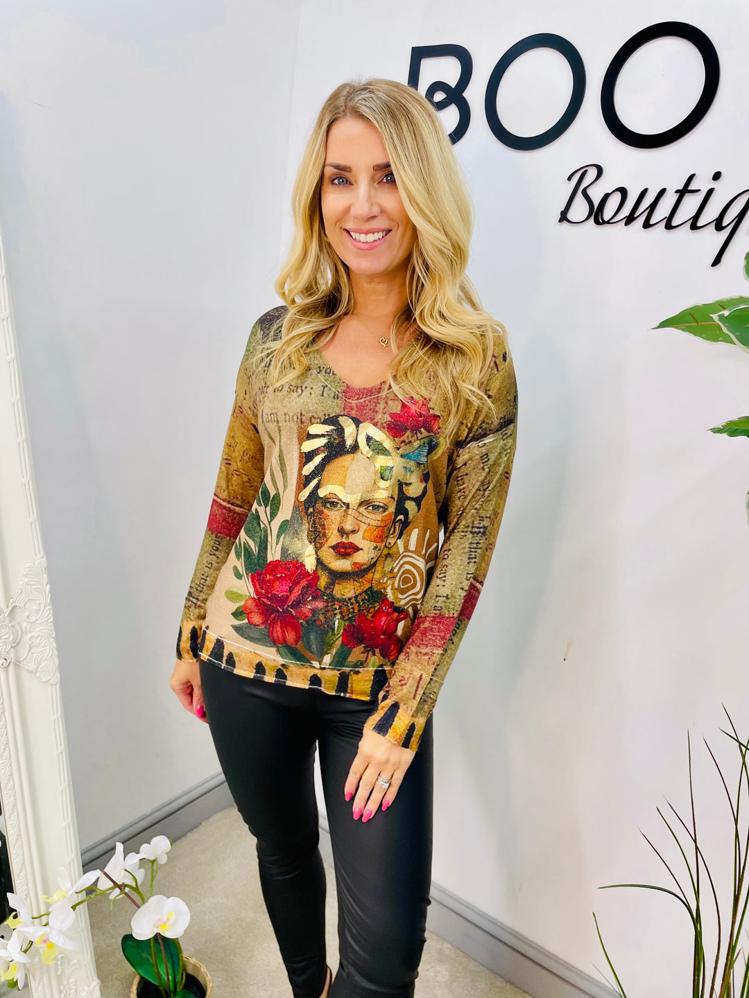 LADIES FRIEDA PRINT GOLD LUREX LONG SLEEVE TOP