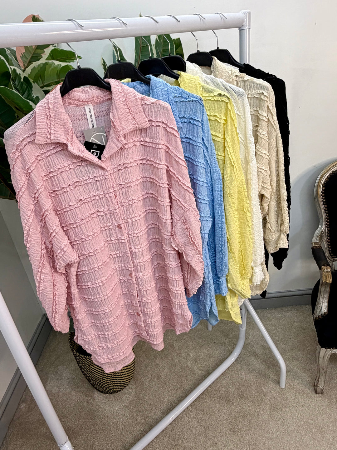 LADIES FRILL SHIRT BLOUSE - WHITE, BEIGE, PINK, LEMON, BLUE & BLACK