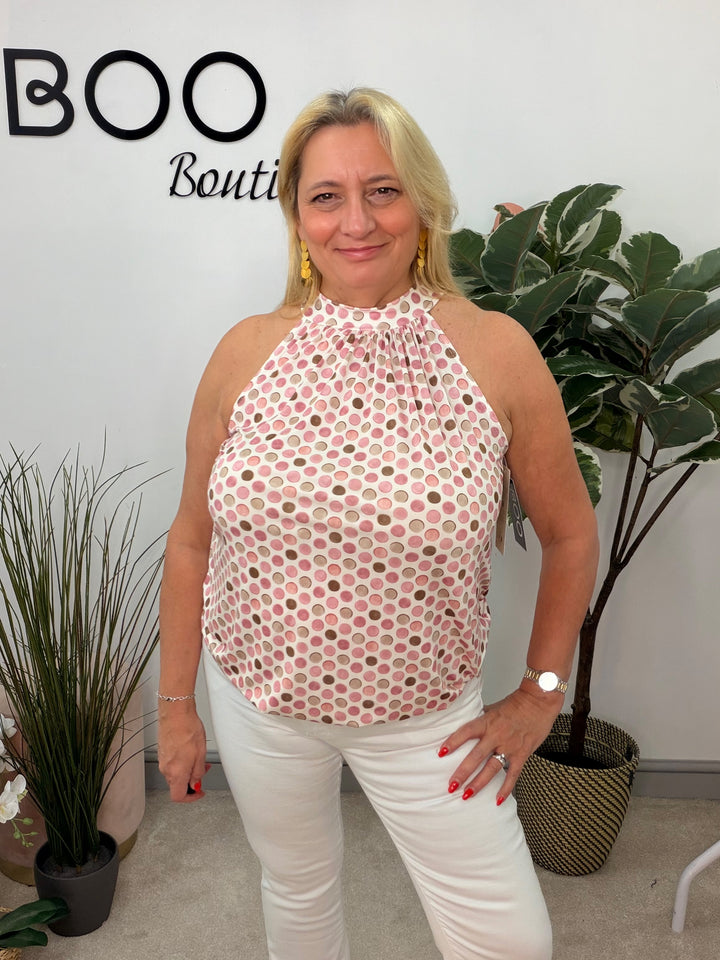 Ladies Polka Dot High Neck Top - Pink, Black, Khaki & Navy
