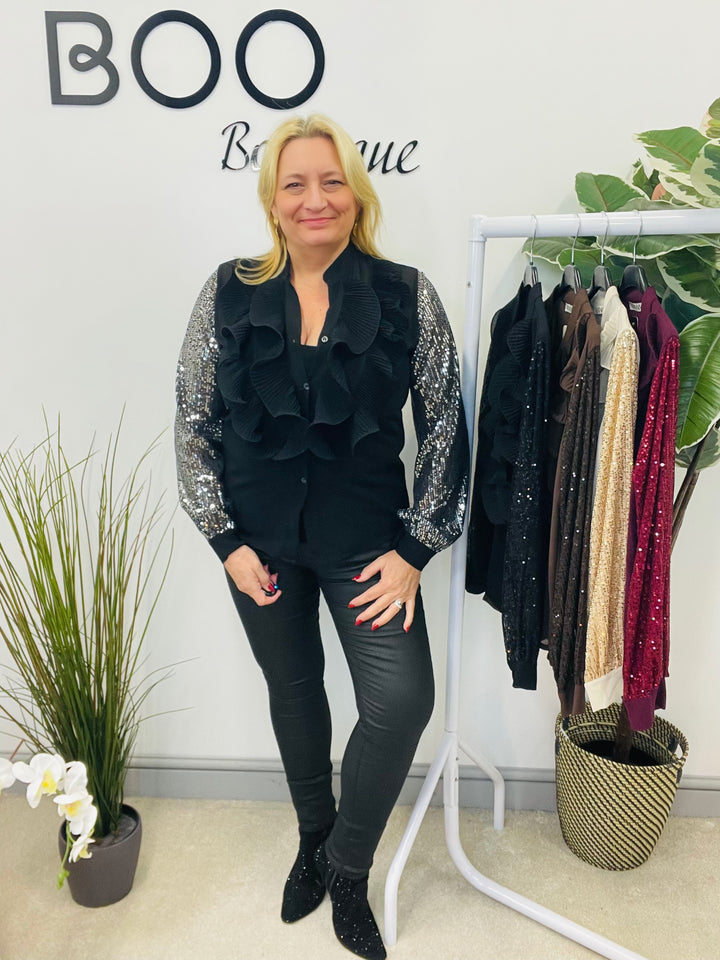 LADIES SEQUIN ARM FRILL BLOUSE - BLACK, SILVER, BERRY, BEIGE & BROWN