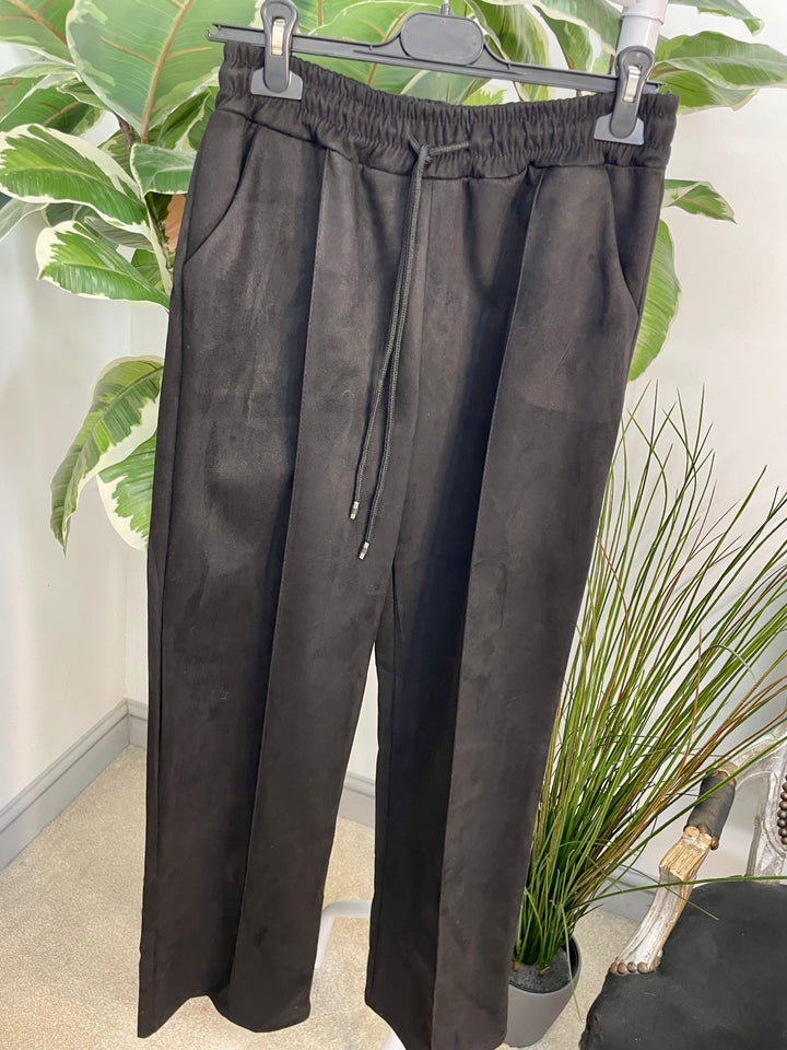 LADIES FAUX SUEDE STRAIGHT LEG TROUSERS - BROWN, CAMEL & BLACK