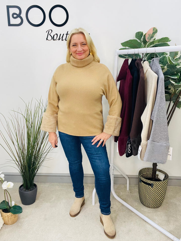 LADIES KNITTED FAUX FUR CUFF JUMPER - BURGUNDY, GREY, BLACK, BROWN, BEIGE, CAMEL
