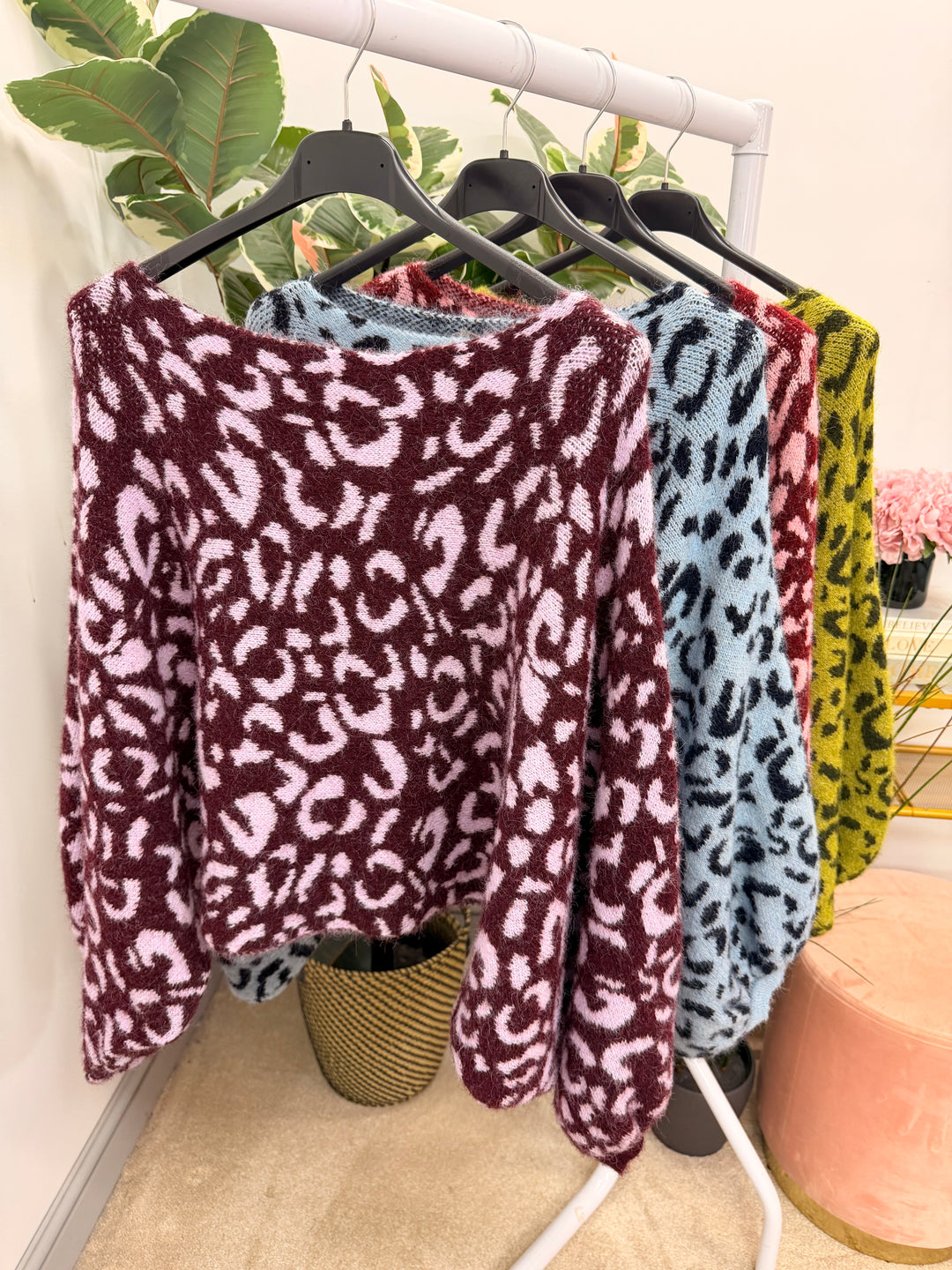 Womens Animal Print Slouch Knit Jumper - Lime, Blue, Plum & Wine