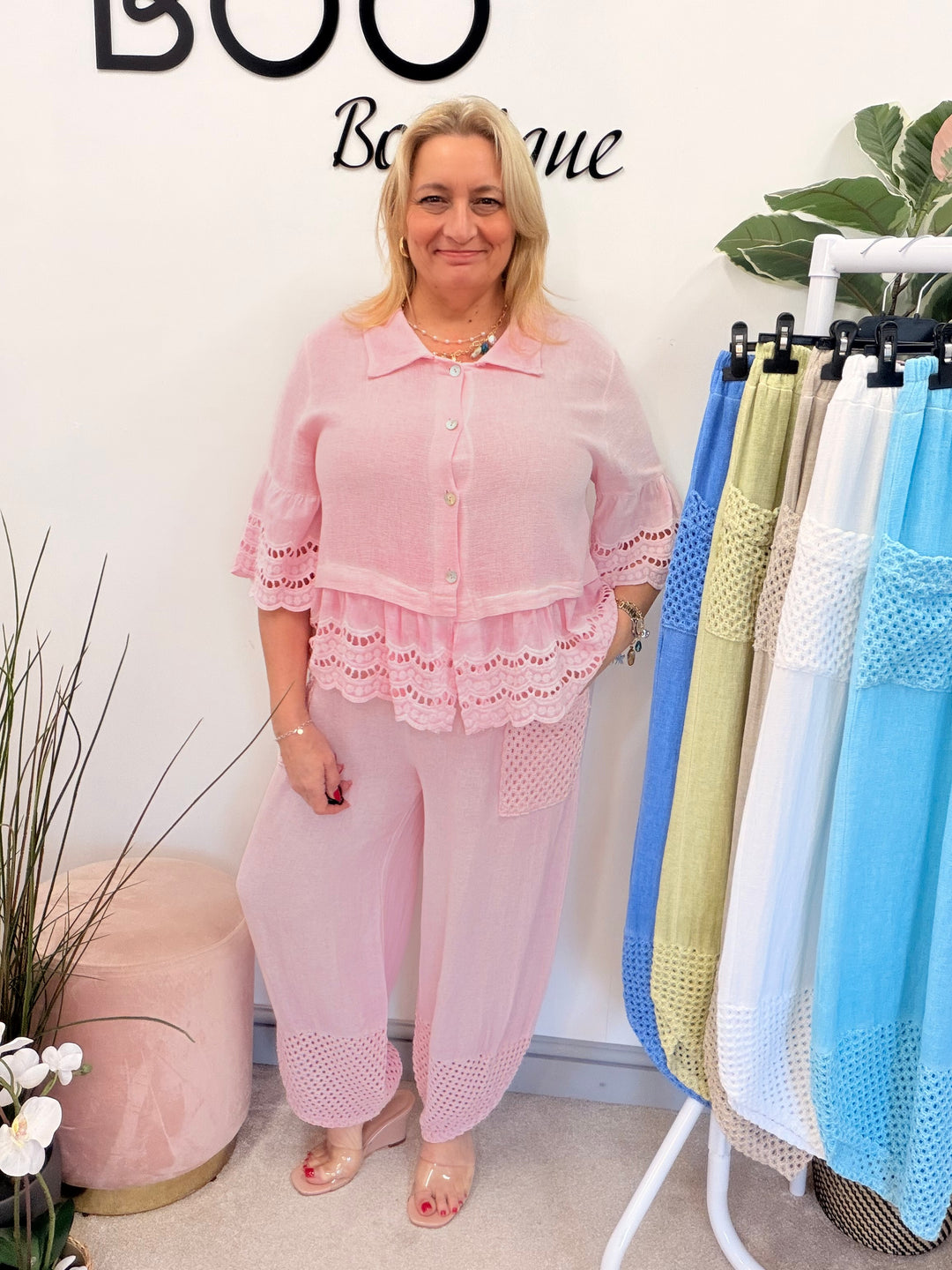 Ladies Crochet Pocket Harem Teabag Linen Trousers candy pink