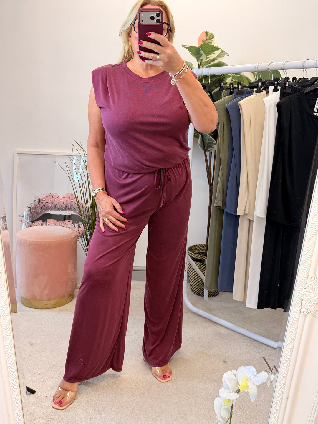 Ladies Stretch Non Crease Wide Leg Trouser Co Ord - Black, Beige, Khaki, Wine, Denim, White