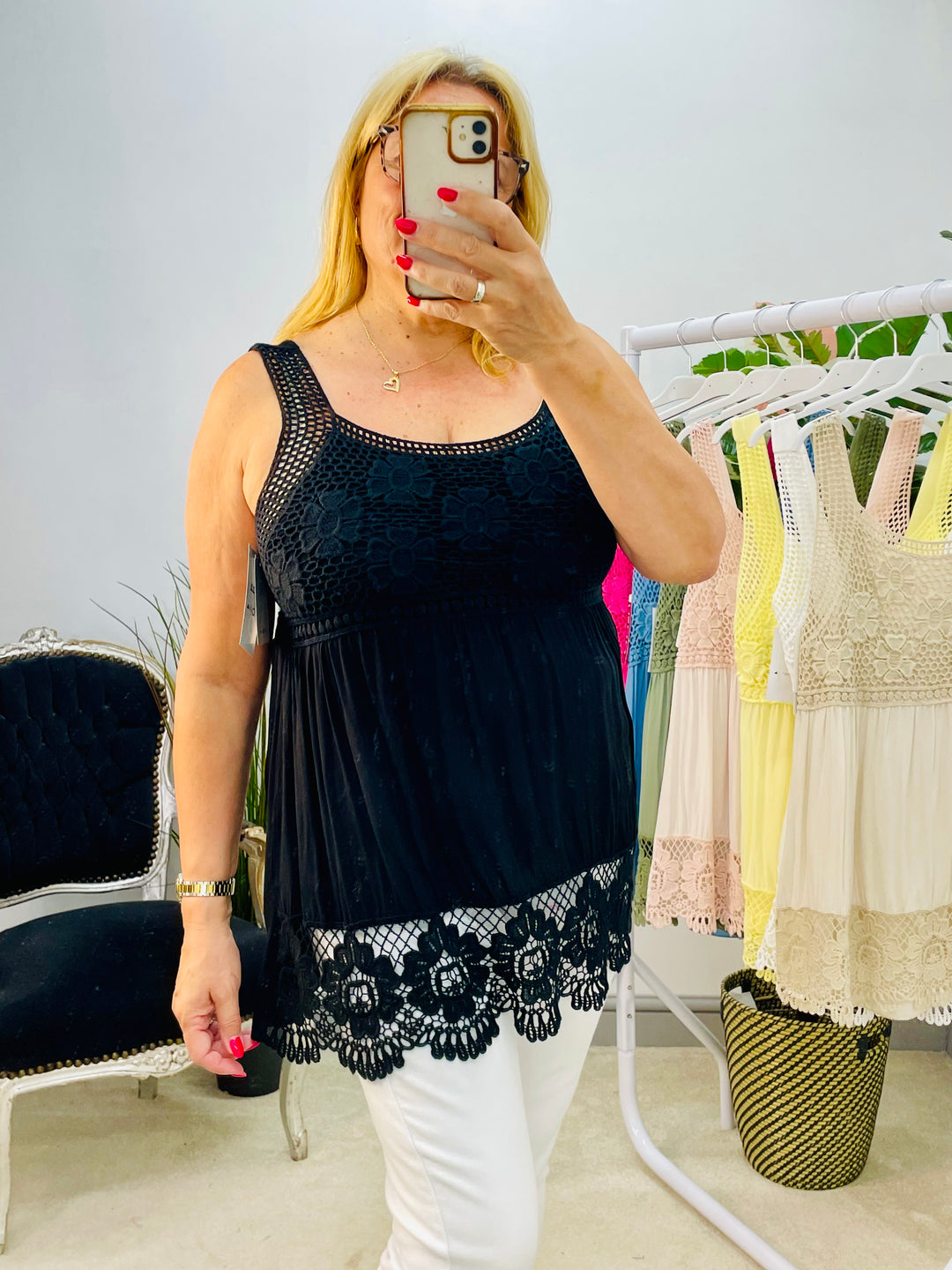 LADIES CROCHET & LACE SUMMER CAMI TOP - WHITE, LEMON, BLUE, PINK, KHAKI, BLACK