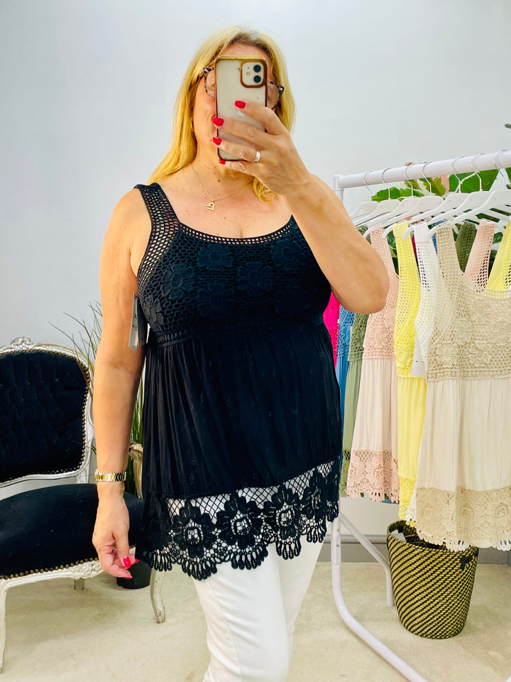 LADIES CROCHET & LACE SUMMER CAMI TOP - WHITE, LEMON, BLUE, PINK, KHAKI, BLACK