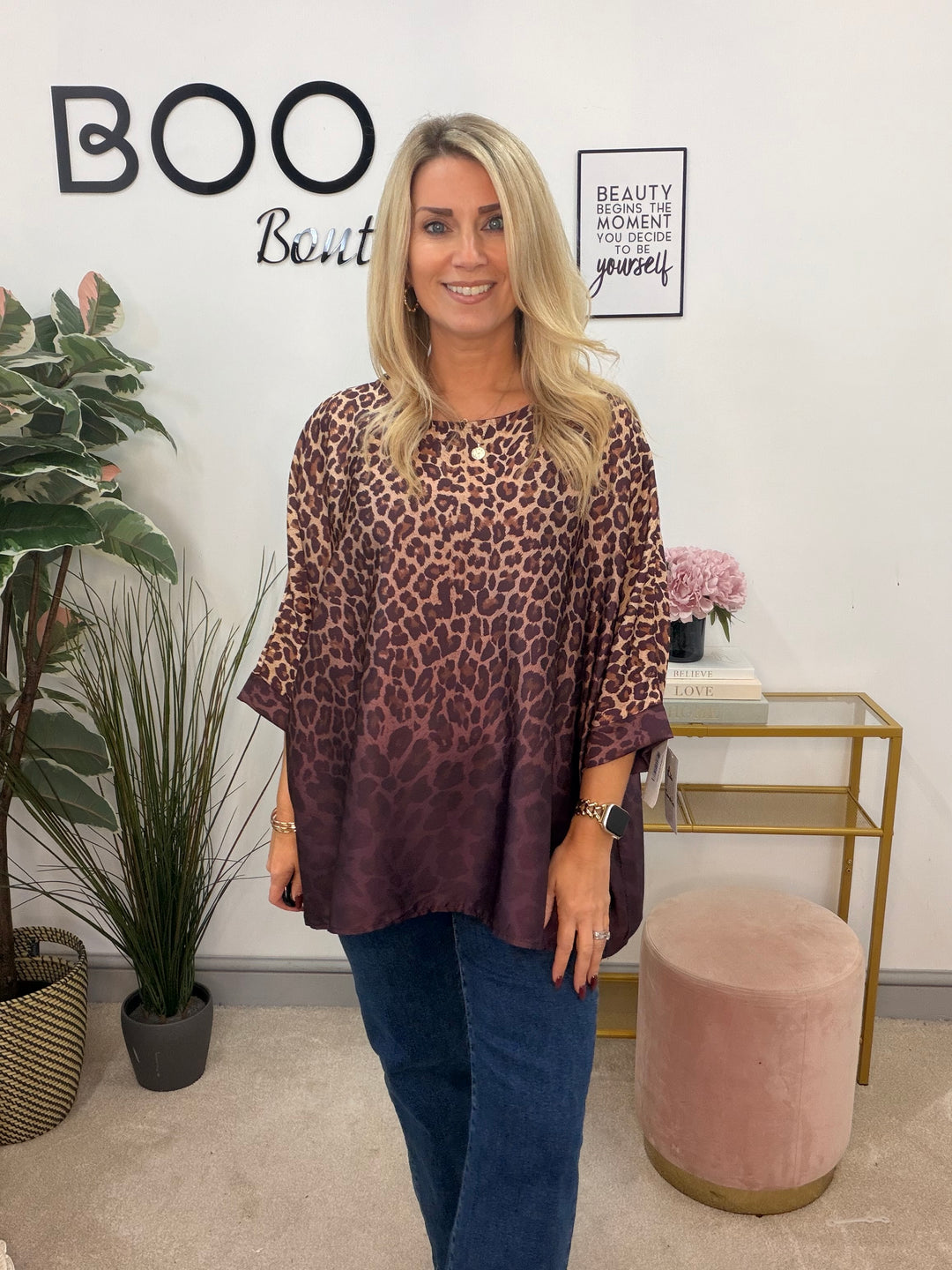 Womens Animal Print Oversize Loose Fit Floaty Blouse Top - Burgundy & Grey