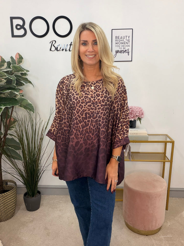 Womens Animal Print Oversize Loose Fit Floaty Blouse Top - Burgundy & Grey