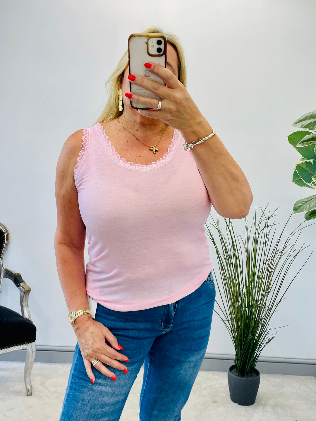 LADIES LACE EDGE STRETCH VEST TOP - BLACK, WHITE, BLUE, PINK