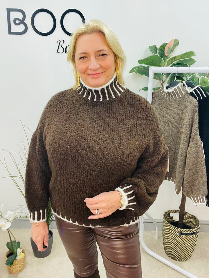 LADIES CHUNKY KNIT BAGGY JUMPER - BROWN, MOCHA, BLACK