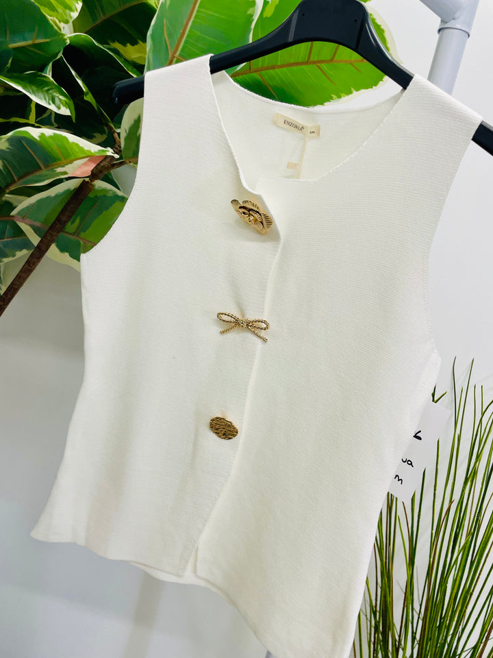 LADIES KNIT BROACH WAISTCOAT - WHITE, BROWN & BLACK