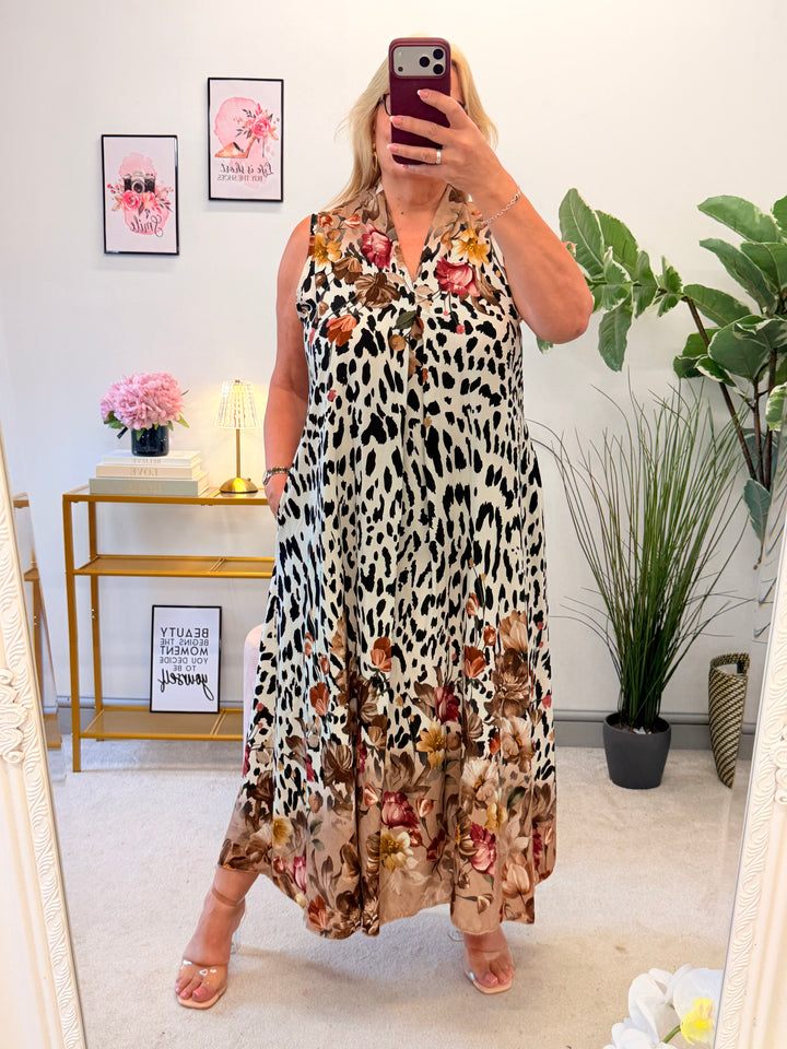 Ladies Animal Print Summer Maxi Dress - Black, White