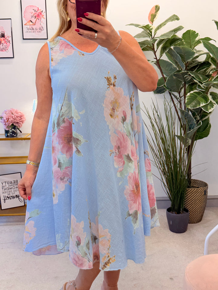 Ladies Flower Print Cotton Sun Dress - White, Pink, Blue
