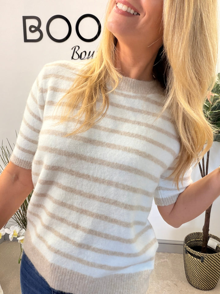 LADIES CREAM STRIPED SHORT SLEEVE JUMPER - PINK, BLUE & BEIGE