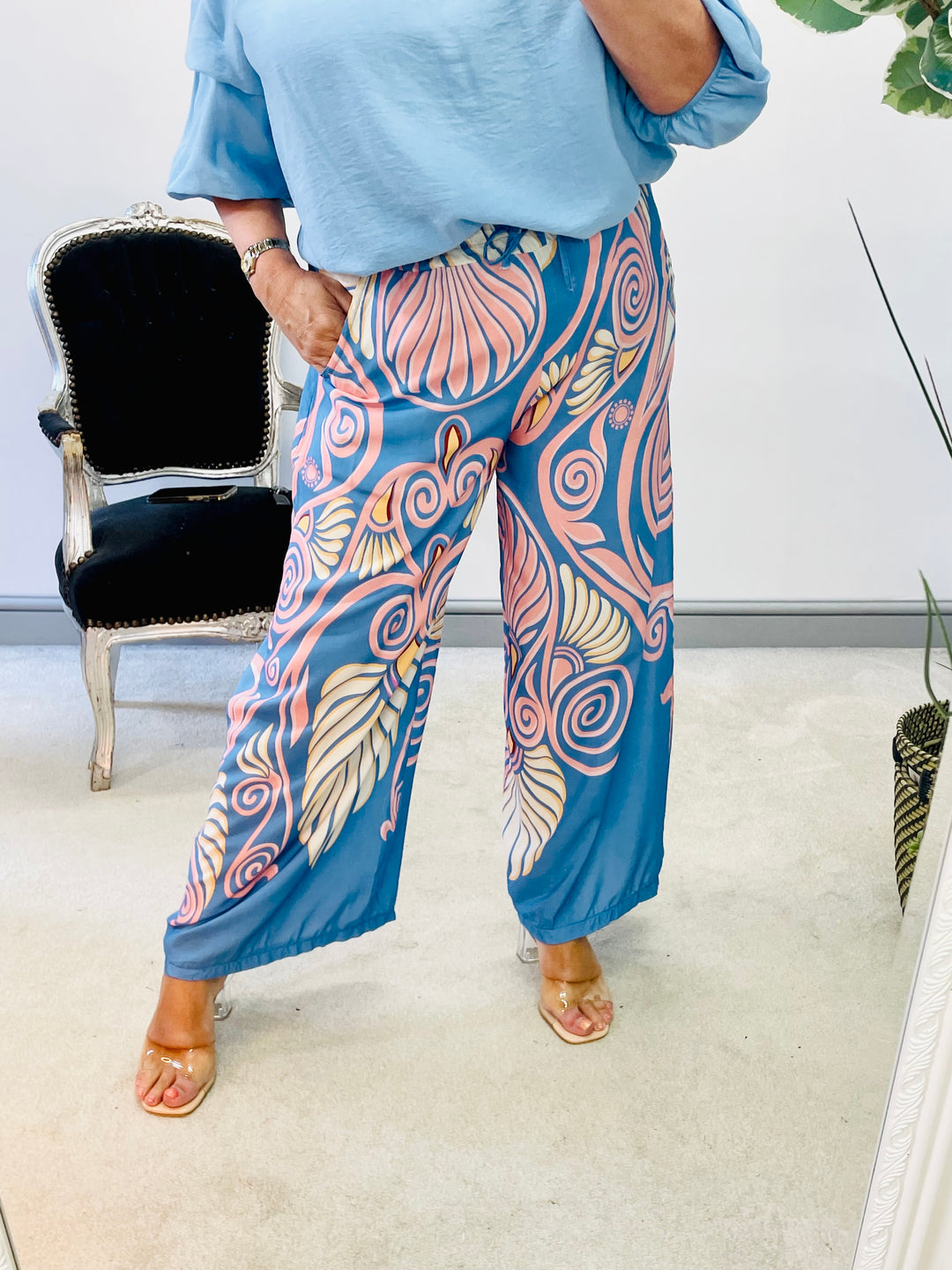 LADIES WOMENS BLUE WIDE LEG PALAZZO PANTS TROUSERS 