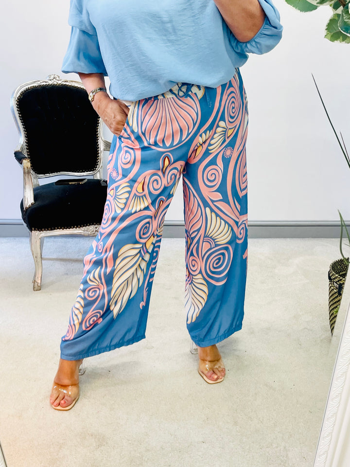 LADIES WOMENS BLUE WIDE LEG PALAZZO PANTS TROUSERS 
