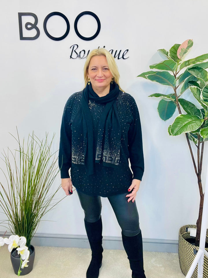 LADIES BLACK SPARKLY JUMPER & SCARF SET