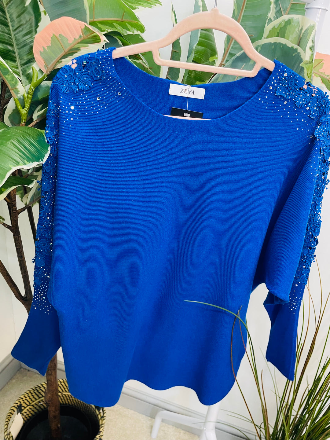 LADIES DIAMANTE SLEEVE BATWING JUMPER ROYAL BLUE