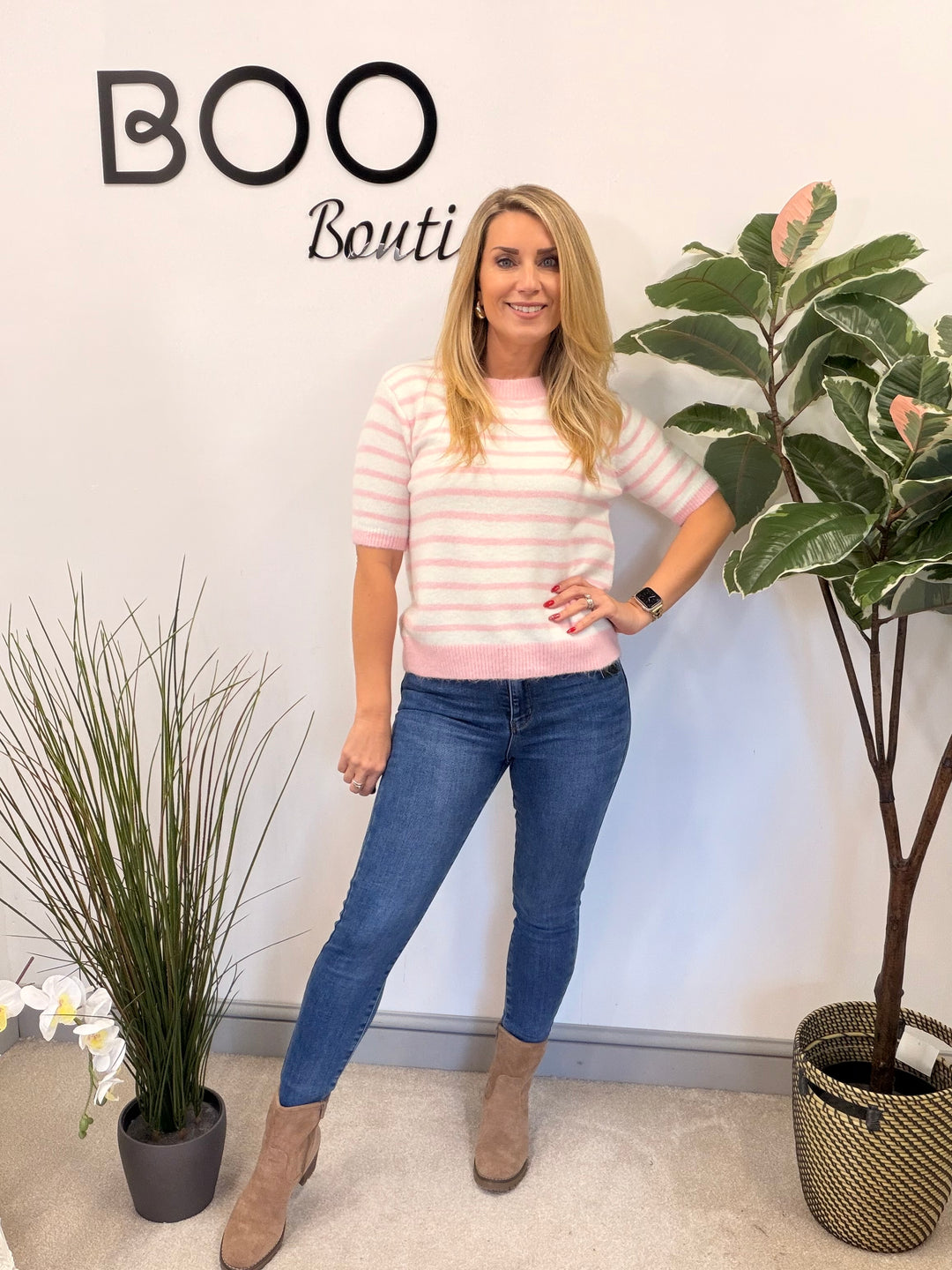 LADIES CREAM STRIPED SHORT SLEEVE JUMPER - PINK, BLUE & BEIGE