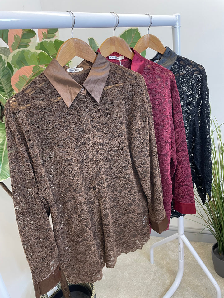 LADIES SHEER LACE BLOUSE SHIRT - BROWN, BLACK & BERRY