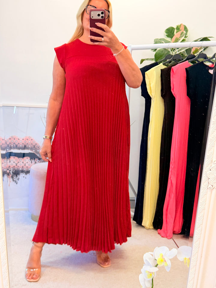 Ladies Fashion Pleated Maxi Dress - Black, Navy, Red, Lemon, Pink, Raspberry